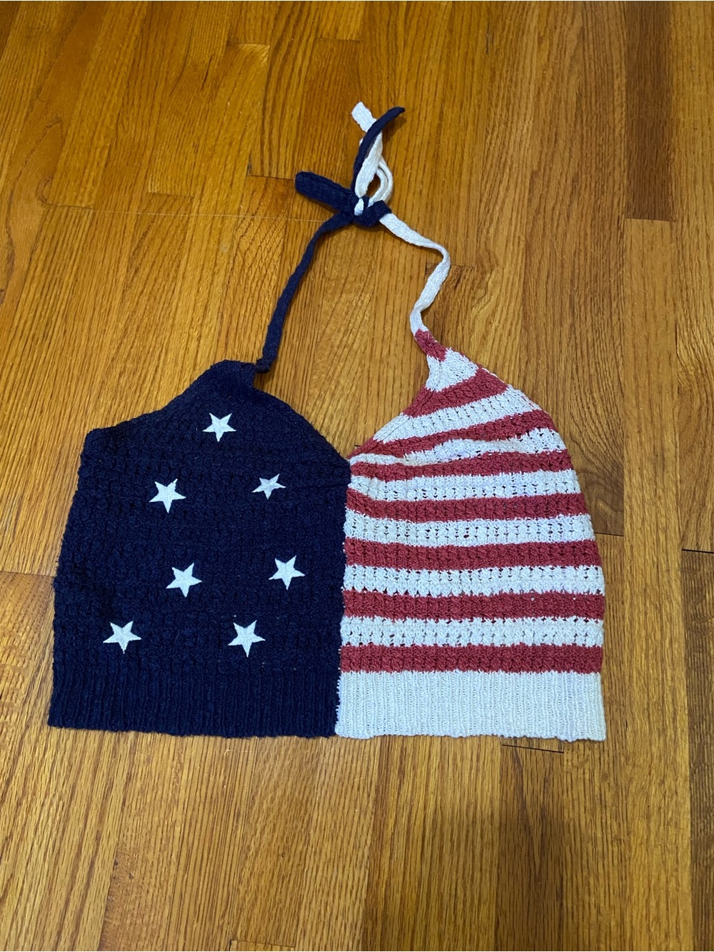 American Eagle Outfitters Red, White & Navy Cropped Halter Knit Top
